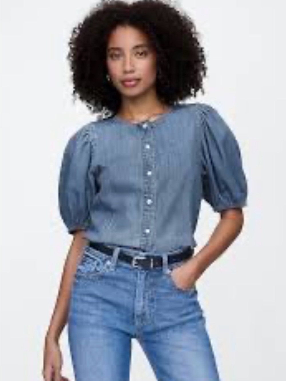 GAP Blue Pinstripe Puff-Sleeve Button-Front Top